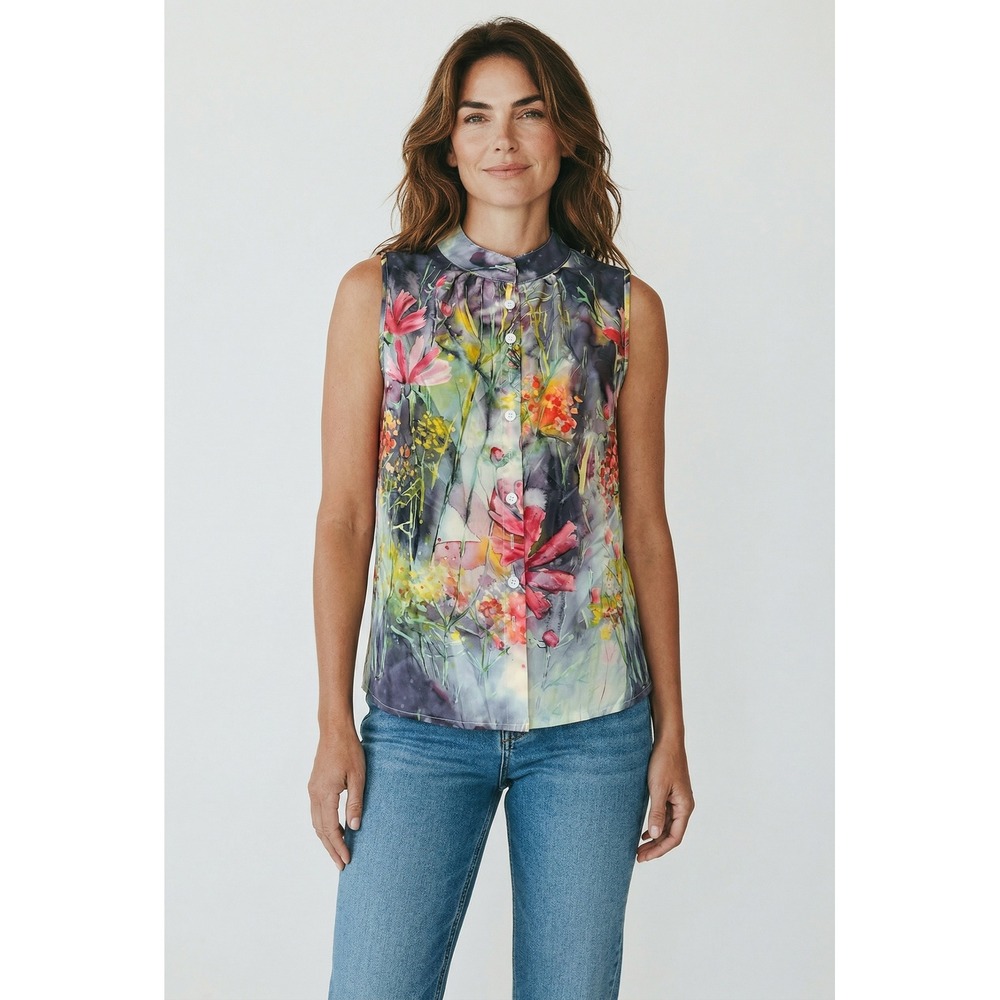 Watercolor Floral Mock Neck Sleeveless Button‎ Down Blouse Top Multicolor Size M
